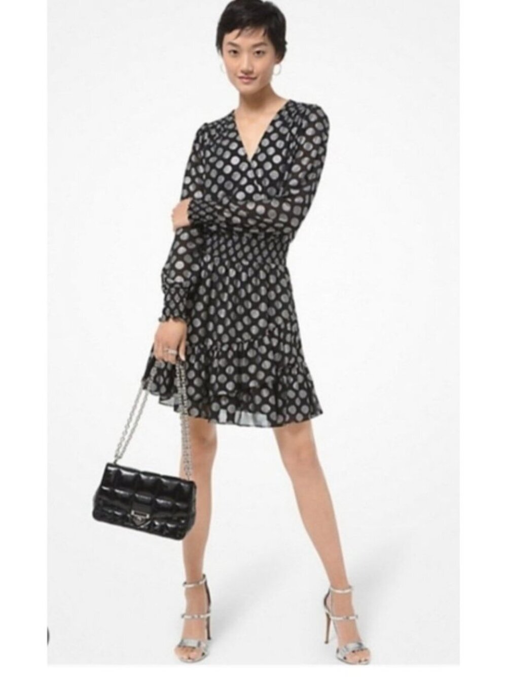 Michael Kors Black & Silver Polka Dot Surplice Long Sleeve Tiered Mini Dress M - Picture 2 of 15
